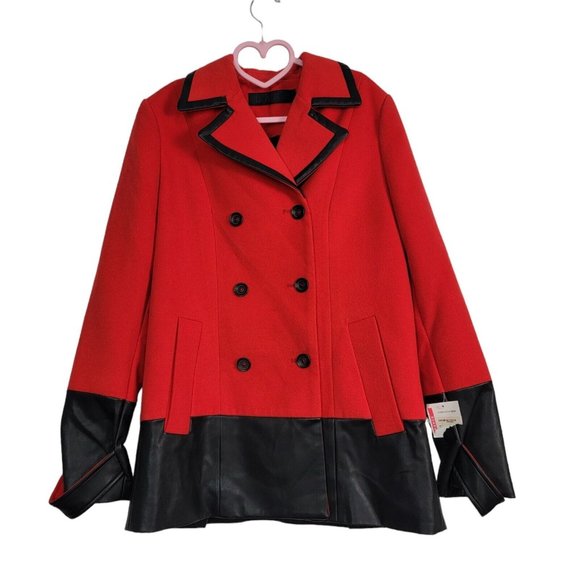 L.A.M.B. Red Black Double Breasted Colorblock Jacket Size 8 Faux Leather Holiday - Picture 1 of 6